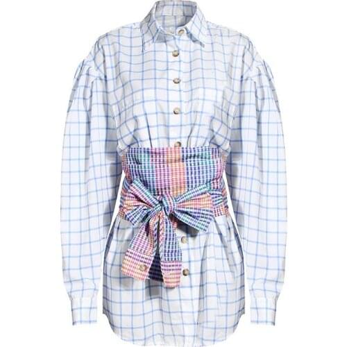 Brand Designer Blouse Clothes Autumn Long Sleeves Were Thin Lace Patchwork Lattice Lantern Sleeve Shirt Women 2020 Vestidos