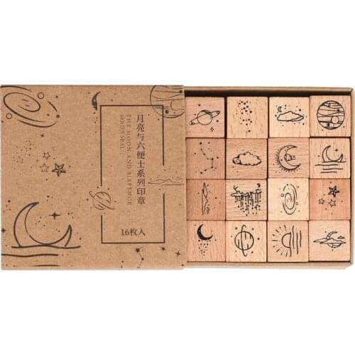R2JA 16 Pcs/Set Vintage Planet Moon Cloud Decoration Stamp Wooden Rubber Stamps for Handbook Diary Scrapbooking Stationery