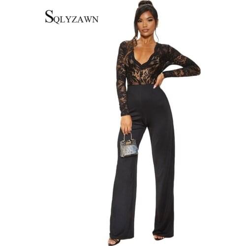 Sexy Black V Neck Flower Lace Long Sleeve Flare Wide Leg Pants Jumpsuit Women Vintage Elegant OL Transparent High Waist Rompers