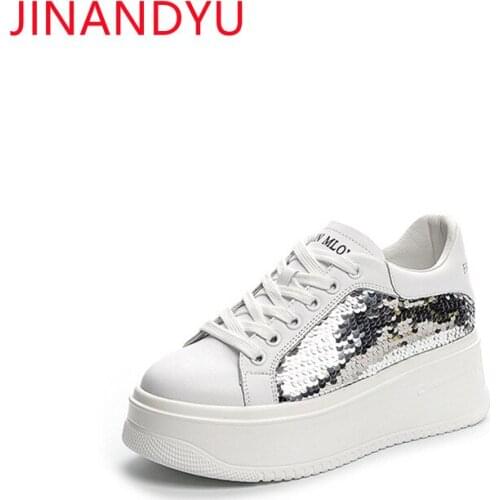 Sequin Platfotm Shoes White Wedge Sneakers Genuine Leather Casual Shoes Woman Chunky Sneakers Fashion Sport Shoes for Women