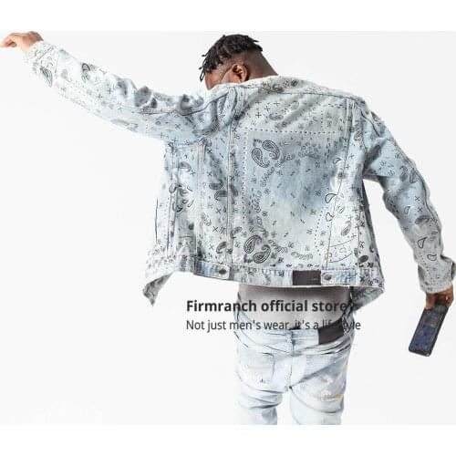 Firmranch New High Qualtiy Paisley Print Jacket Light Blue Denim Coat High Street Fashion Chaqueta For Men/Women Jean Outerwear