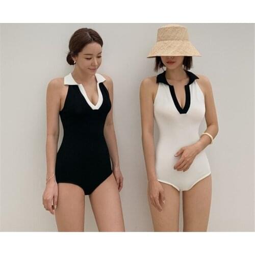 2021 New Korean Style Fashion Women One Pieces Concise Swimsuit Lapel Deep V-Neck Swimwear Padded Wireless Bodysuit Bathing Wear