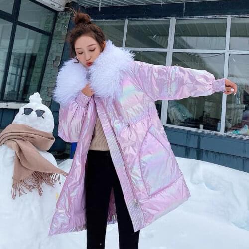 2021 New Women Fur collar Winter Jacket Glossy Warm Female White Duck Down Jacket Medium Long Parkas Loose Windproof Womens Coat