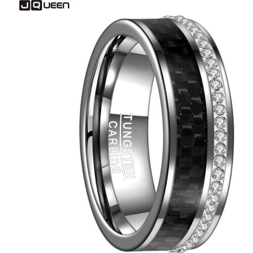 New Arrival 8MM Wide Polished Plane Beveled Inlaid Black Carbon Fiber White Crystal Tungsten Steel Ring Men Wedding Jewelry