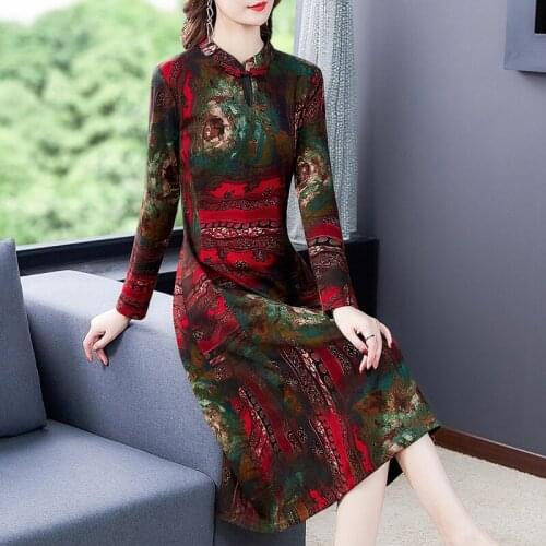 Autumn Elegant Floral Knitted Cotton Midi Dress Winter Women Chinese Style Long Dress 2021 Bodycon Casual Vintage Party Vestidos