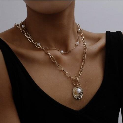 Punk Baroque Pearl Multi Chain Necklace For Women Geometry Pendant Necklaces Beads Lariat Long Wedding Collar Gothic Jewelry