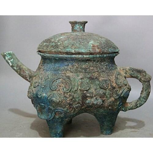 Song voge gem S1831 16" Old Ancient Chinese Bronze Beast handle vessel teapot Wine Tea Pot Flagon