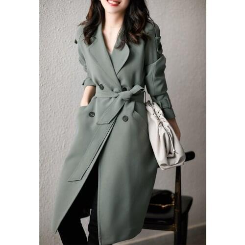 Greyish Green Lace Thin Double Breasted Medium Length Windbreaker Coat Womens Spring and Autumn