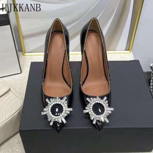 Sunflower Rhinestone Buckle High Heels Female Pointed Toe Wine Glass Heel Banquet Shoes Classic Solid Color High Heels Pumps