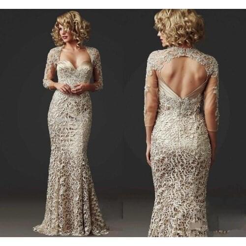 Vintage Full Lace Mermaid Mother of the Bride Dresses Long Sleeve Formal Champagne mother occasion Evening Gowns Club Dress