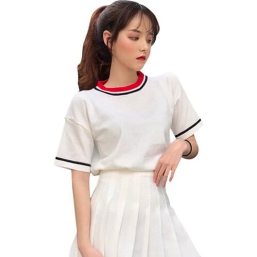 Patchwork Short Sleeve Tshirt Wild Korean T Shirt Casual O Neck Loose Tops Women Clothing
