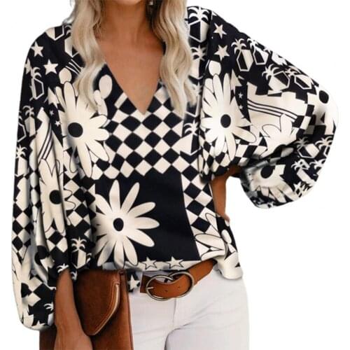 Vintage Women Summer Casual Printed Tops Elegant V Neck Loose Shirt Lantern Long Sleeve Blouses Shirts 2021 New Women Clothing