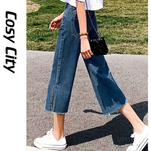 2021 New Summer Korean Fashion Baggy High Waist Wide Leg Jeans With Slit Capris Pants For Women Girl Denim Lady Cropped Trousers