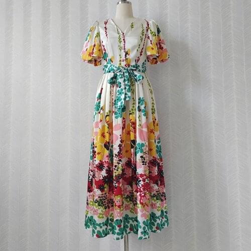 2021 Summer Fashion Dress Women V-Neck A-Line Flower Printed Puff Sleeve Elegant Vintage Dresses