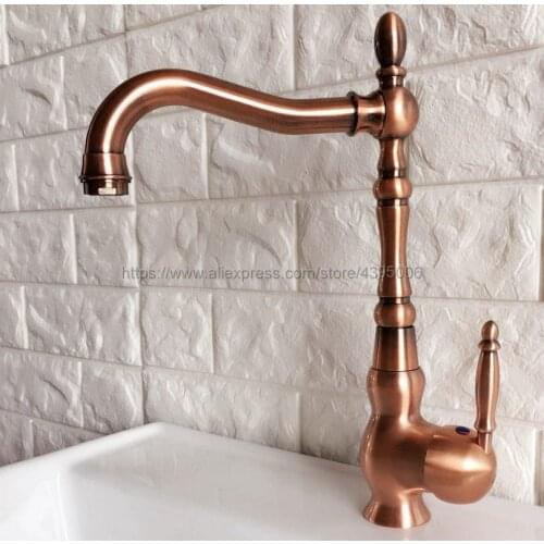 Antique Red Copper Bathroom Basin Faucet Single Handle Swivel Spout Vessel Sink Mixer Tap Bnf423