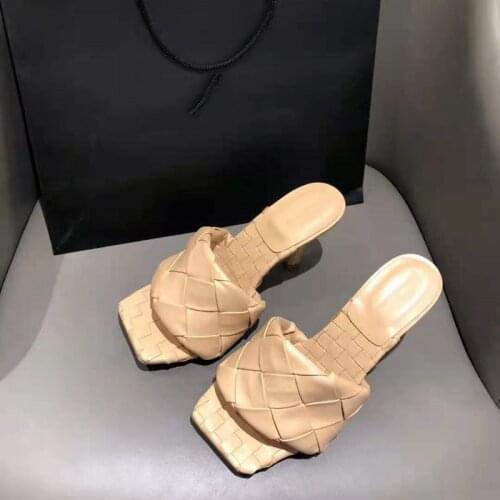 2021 New Woven Fine Plaid Square Toe Stiletto Heel Fashion Slippers Sandals