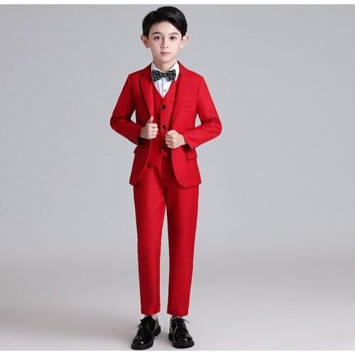 Kids Formal Jacket+Vest Pants Bowtie 4pcs Wedding Suit Flower Boys Birthday Dress England Gentleman Kids Party Costume