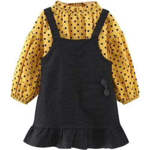 DFXD Korean Style Children Girls Clothing Set Autumn Fashion Long Sleeve Dot Print Wood Ear Blouse+Ruffles Jeans Strap Dress 2pc