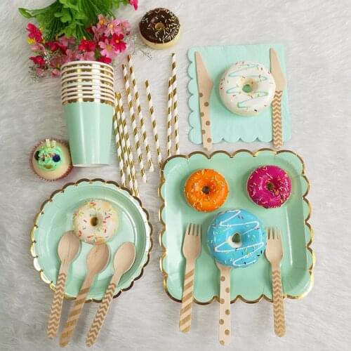 Safari party supplies 8sets disposable tableware jungle party plates/cups gold strip paper straws wooden forks/spoons disposable