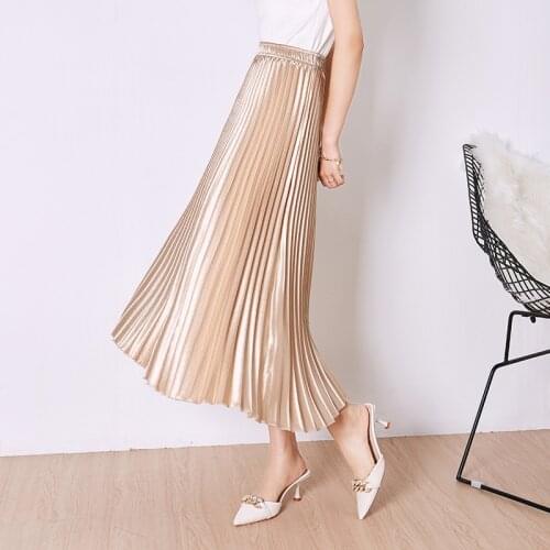 Elegant Solid Satin Pleated Skirt Women For Summer Autumn 2021 New High Waist Pleated Skirt Women
