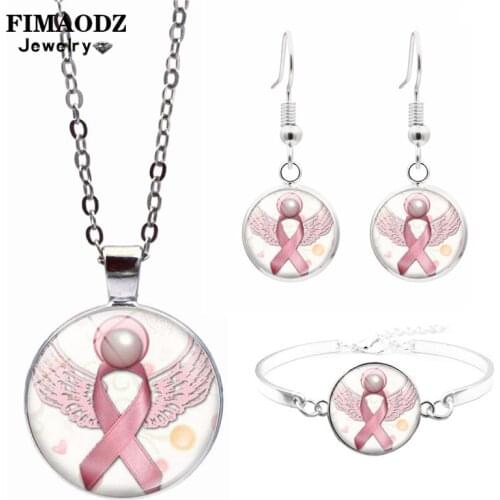 FIMAODZ Pink Ribbon Glass Jewelry Sets Autism Awareness Breast Cancer Awareness Necklace Earrings Bracelet Set for Women Gift