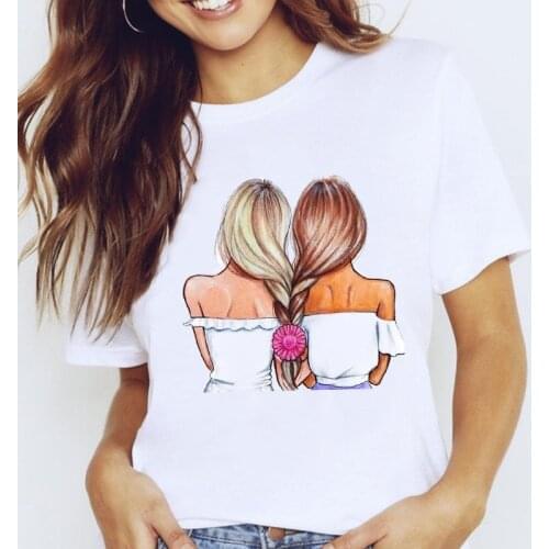 Women Graphic Short Sleeve Sweet Love Sister Friends Cute Printing Cartoon Lady Clothes Tops Tees Print Female Tshirt T-Shirt