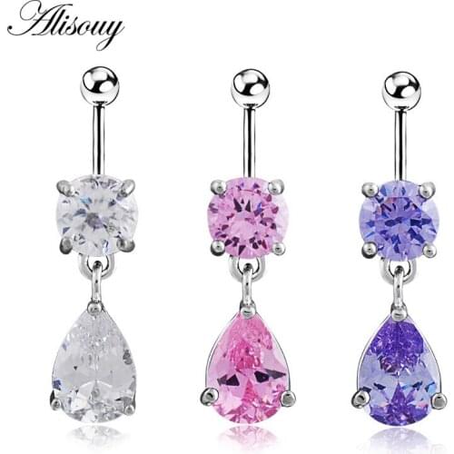 Alisouy 1pc Punk Water Drop Round Cubic Zircon Navel Piercing nombril Stainless Steel Belly Button Rings Body Jewelry for Women