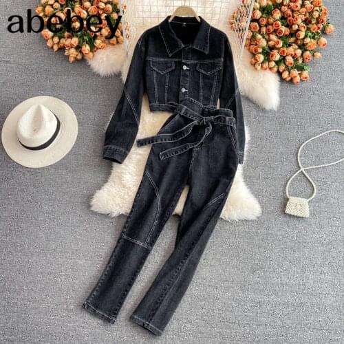 2021 New Spring Autumn Fashion turn-down collar long sleeve short denim Top + high waist bandage casual denim Pants 2-piece set