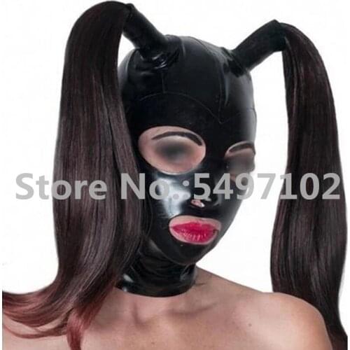 Latex Mask Rubber Unisex Hood Handmade Sexy Exotic Black Latex Fetish Hoods Mask with Two Wig Hair Tube Back Zipper Costumes