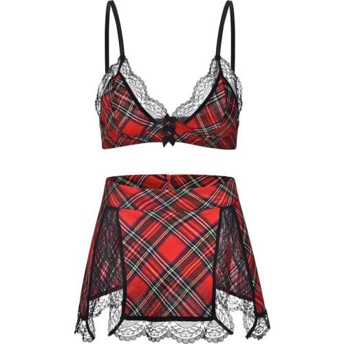 Summer Woman Vintage Role Play Costume Red Bra and Mini Skirt School Girl Sexy Lingerie Cosplay Uniform Clubwear Party Costume