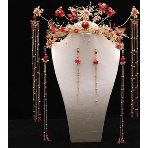 High Fashion Retro Chinese Style Bridal Wedding Hair Jewelry Sets Long Tassel Hairpins Haircombs Clips Earrings for Bride Noiva