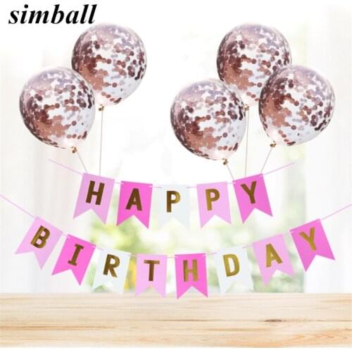 5pcs Rose Gold Confetti Balloon 12inch Inflatable Birthday Balloon White Happy Birthday Banner Wedding Party Decoration Supplies