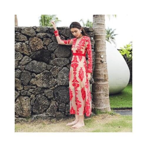 New High Quality Beach Resort Leisure Bohemian Loose Jacquard Perspective Sexy Slim v Collar Long Dress Al18179