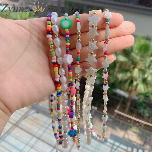 5PCS, New Boho Natural Freshwater Pearl Necklace Star Heart Shell Color Polymer Clay Beads Choker Necklace Beach Femme Jewelry