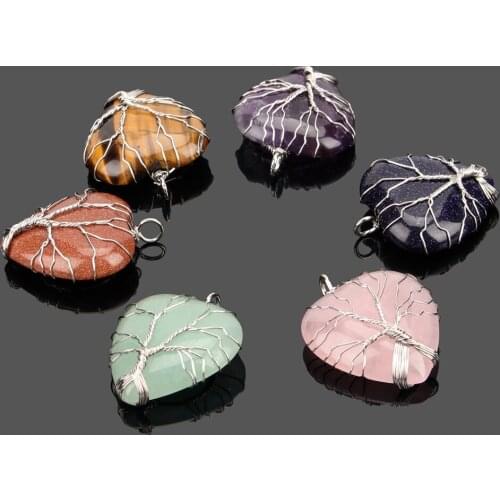 Wire wrapping love heart-shaped stone woven Life Tree creative Necklace Pendant natural crystal fashion fine lovers jewelry