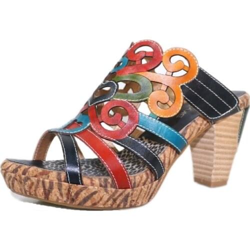 Brand Women Sandals Summer 3-5CM Thick High heel Genuine Leather Slip On Open Toed Mixed Colors Casual Dress shoes for women