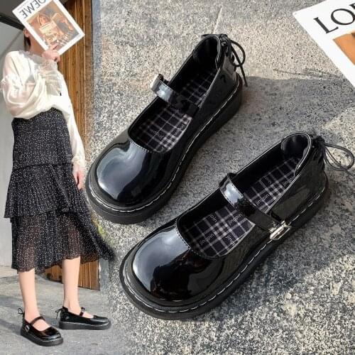 Lolita Shoes Back Cross-tied Mary Janes Shoes Patent Leather Ladies Shoes Sewing Flat on Platform Casual Shoe Buckle Strap 8852L