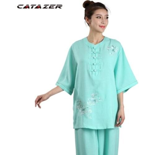 Catazer Summer Cotton&linen Embroidery Flower Taiji Suits Martial Arts Wushu Clothing Tai Chi Kung Fu Uniforms