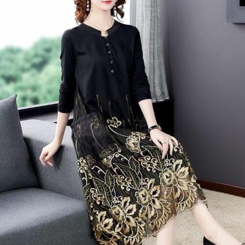 2020 Spring Fall Vintage Womens Full Sleeve Embroidery Golden Flower Long Dress , Woman Autumn 4xl Casual Dresses