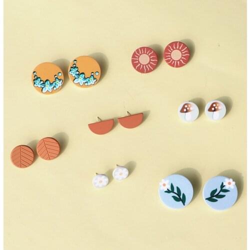 AOMU 2020 Autumn Bohemia Acrylic MINI Colorful Flower Stud Earrings Pattern Geometric Round Small Earrings for Women Jewelry