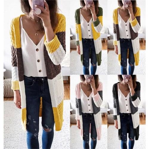 Women Solid Color Contrast Long Sleeve Pocket Outerwear Sweater Cardigan Jacket Fashion Daily High Quality Coat Free Shipping