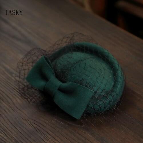 Australian Wool Beret Hat Women Veil Bow Wool Felt Fedora Ladies Red Ivory Green Black Wedding Church Fedora Hat WInter Autumn