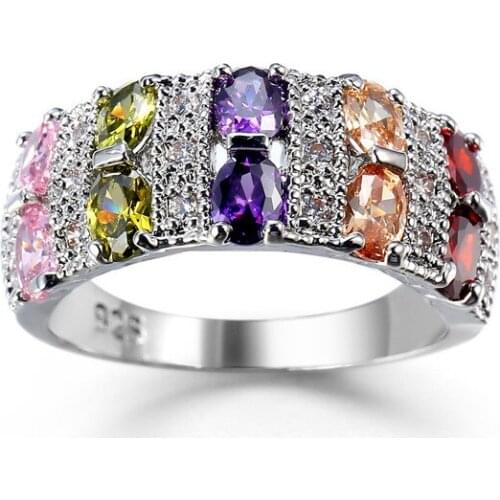 Womens Fashion Classic Colorful Rings Shiny Multi-color Crystal Cubic Zircon Stone Inlay Ring Band Boho Wedding Ring For Bridal