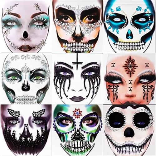 1Pc Face Jewelry Makeup Sticker For Carnival Halloween Festival Skull Bone Dressing With Teeth Party Night Club Makeup Body Art