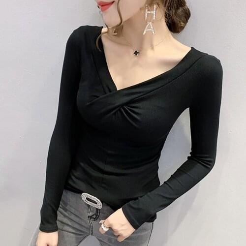 #5753 Spring Blue Red Black Brown Sexy T Shirt Women Cotton Pleated V Neck Casual Basic Wrap T-shirt Female Slim Korean Style