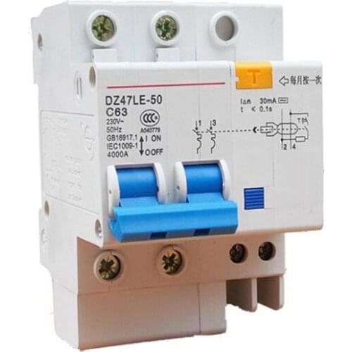DZ47LE C45LE Residual Current Circuit Breaker with Over Current Protection 6A 10A 16A 20A 25A 32A 40A 50A 63A RCBO