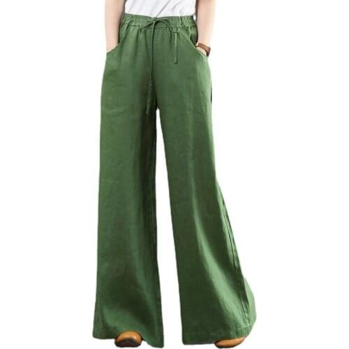 Spring Literature Art Cotton Linen Women Trousers Loose Large Size Wide Leg Pants High Waist Pants Straight Linen Pants OK1053