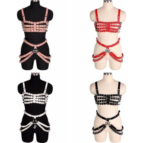 PU Leather Bra Caged Bralette Garter Belt Body Belt Lingerie Set Harajuku Bondage Dance Rave Wear Plus Size Sexy Harness Fashion