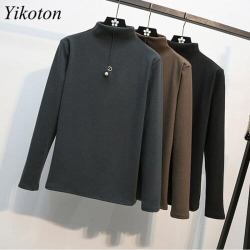 Double-Faced Velvet Bottoming Shirt Womens Autumn T-Shirt New Winter Half High Neck Plus Velvet Thick Warm Wool Top Long Sleeve