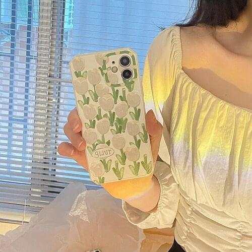 INS Korean Vintage Pink Oil Painting Tulip Flower Phone Case For IPhone 11 12 Pro Max XR X XS 7 8 Plus SE 2 Anti-fall Soft Cover